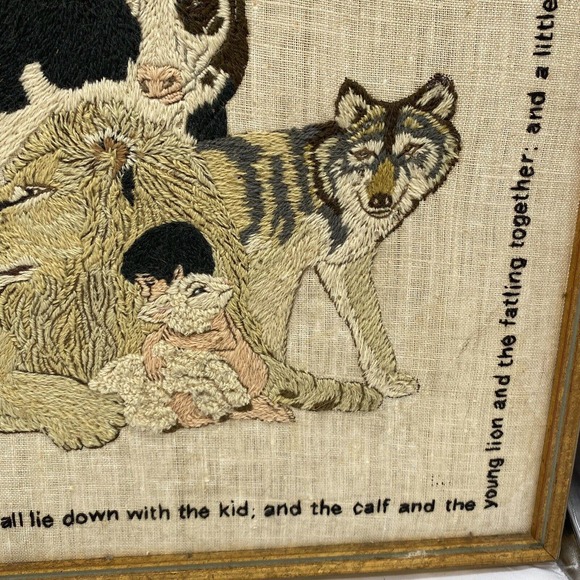 Vtg Framed Crewel Wall Hanging Isaiah 11:6-7 Biblical Large Finished Embroidery - Picture 5 of 16
